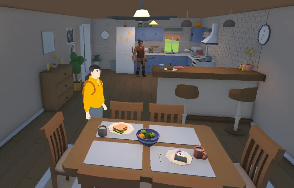 Jeu vidéo : scène de cuisine en 3D
