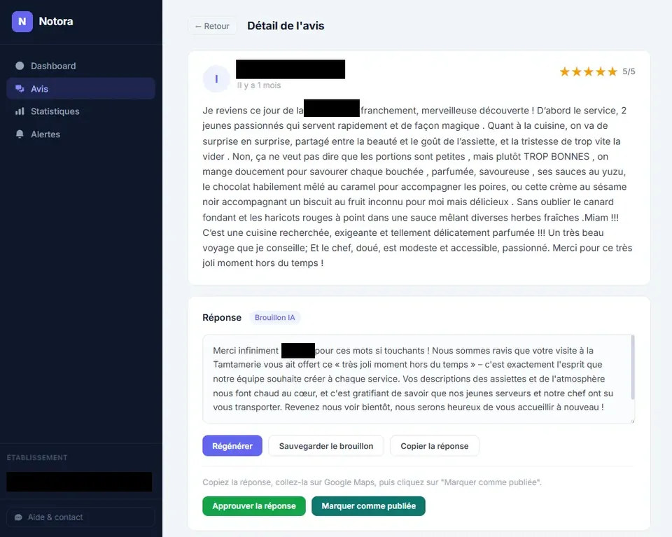 Notora : détail d'un avis Google et réponse proposée