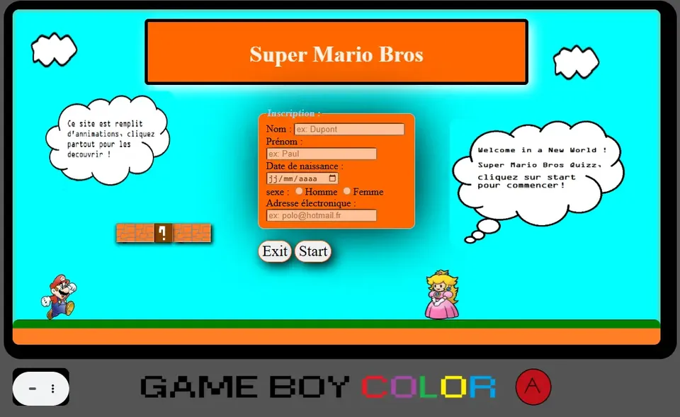 Quiz Mario : page d'accueil façon Game Boy